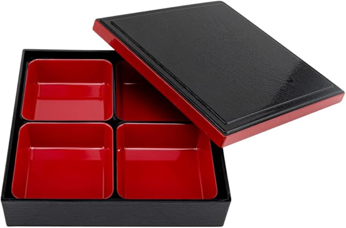 Restaurantware-10 x 2.4 Inch Compartment Lunch Container, 1 Japanese Style Adult Lunch Container - With 4 Compartments, Greaseproof, Black & Red Plastic Divided Lunch Box, For Hot & Cold Food