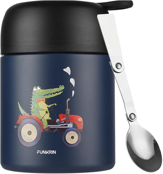 Funkrin 16oz Insulated Food Jar with Folding Spoon,Stainless Steel Lunch Bento Box for Kids Adults, Vacuum Leak Proof Soup Container for Hot & Cold Food