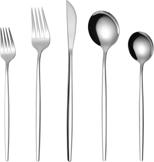 Mirror Modern Flatware Set for 4, LaienLife 20 Pieces Long Kitchen Utensils Cutlery with Coffee Spoons and Fruit Forks, Silverware Set Great for Home and Restaurant, Dishwasher Safe - Silver