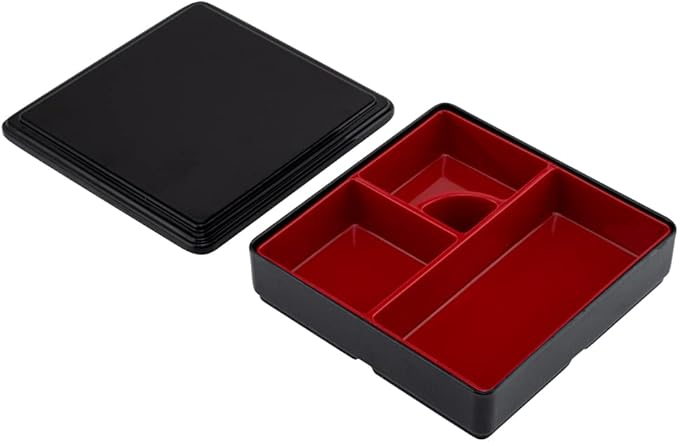 Restaurantware-8.3 x 2.2 Inch Compartment Lunch Container, 1 Japanese Style Adult Lunch Container - With 4 Compartments, Greaseproof, Black & Red Plastic Divided Lunch Box, For Hot & Cold Food