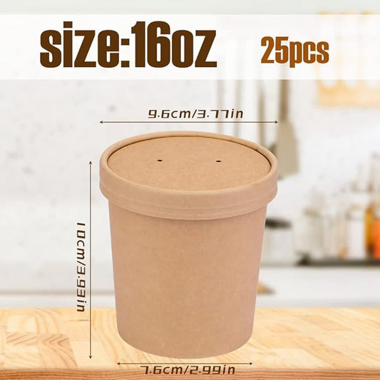 16 oz 25 Pack Paper Soup Containers with lids, Disposable Kraft Food Cups, Soup Cups Paper Ice Cream Cup, Dessert Cup, Yogurt Ice Cream Containers. Great For Restaurants, Take Outs, or To-Go Lunch