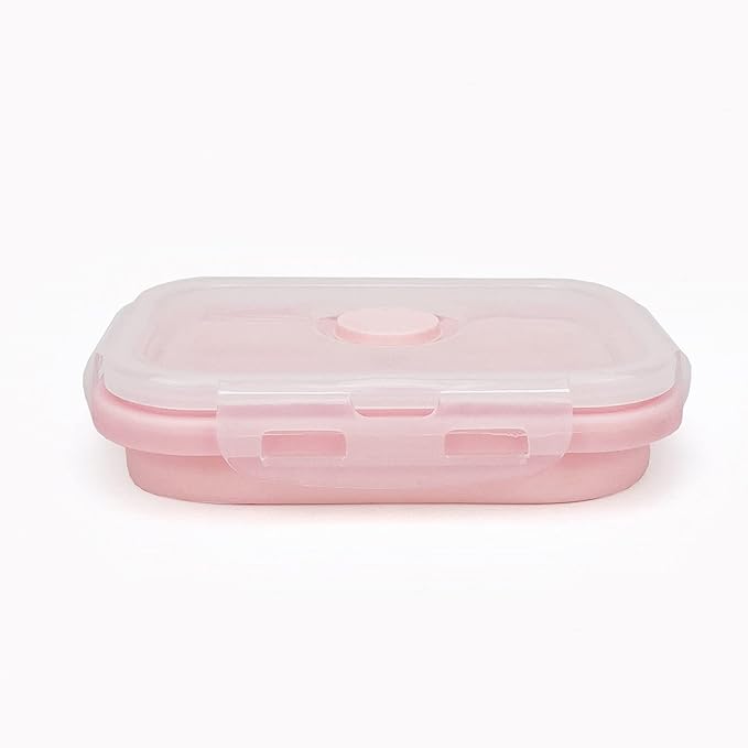 CCyanzi 3piece Collapsible Food Storage Containers with Lids, Silicone Lunch Container, Microwave & Freezer Safe, Space Saving for Kitchen Cabinet and Camping Backpack,(pink)