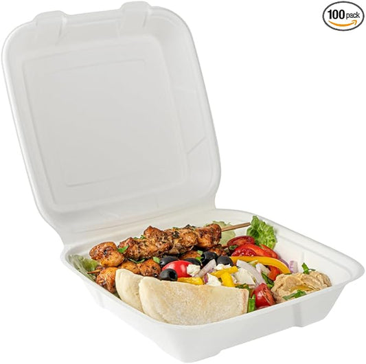 Restaurantware Pulp Safe No PFAS Added 32 Ounce Clamshell Boxes 100 Disposable Containers - Home Compostable Microwavable And Freezable White Bagasse Containers Built-In Hinged Lid And Tab Lock