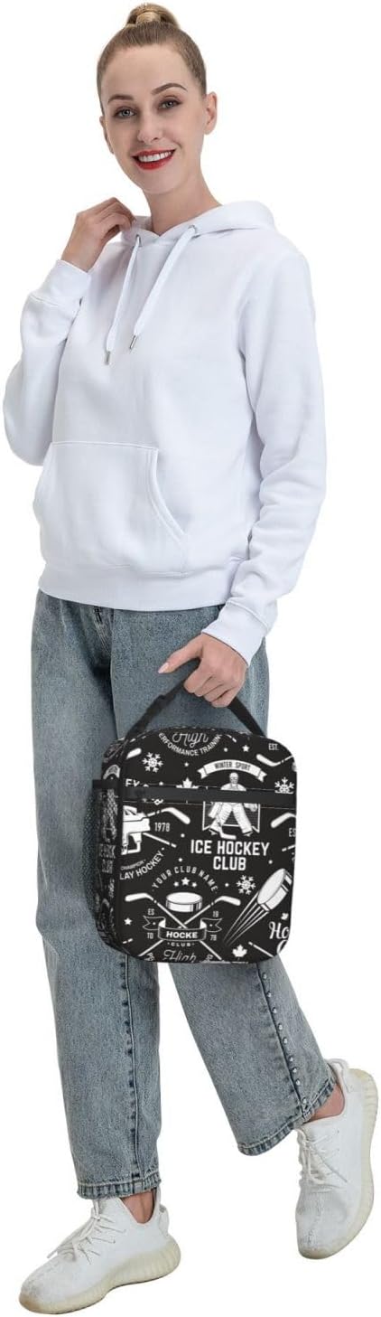 Insulated Lunch Box for Boys Kids Hockey Lunch Box for Work,Picnic,School,Travel,Hiking, Beach or Fishing Polyester Hockey Lunch Bag Ice Hockey Retro Style