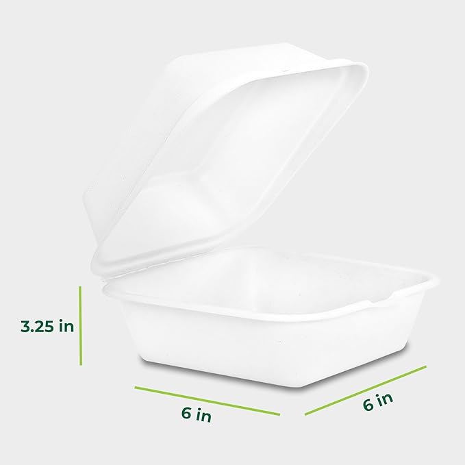 Freshware Clamshell Food Containers with Lids [6x6 500-Pack] Disposable To Go Containers, Biodegradable Sugarcane To Go Boxes - Paper Container - Microwave & Freezer Safe, Stackable
