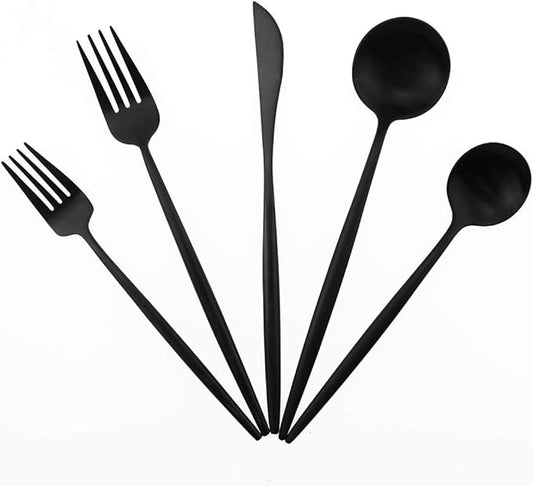 Matte Balck Silverware Set,Gugrida 5-Piece 18/10 Stainless Steel Satin Finish Flatware Set,Kitchen Utensil Set,Tableware Travel Cutlery Set for Camping Office or School Lunch, Dishwasher Safe