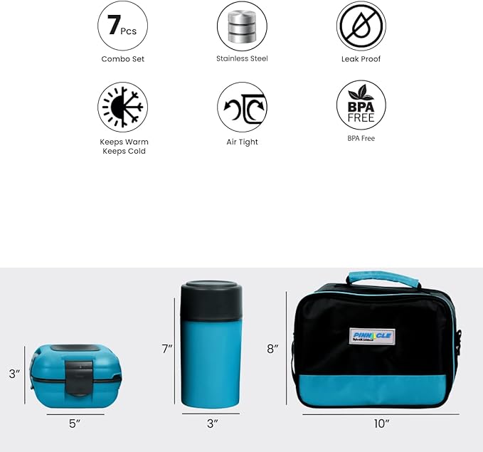 Pinnacle Thermoware Lunch Box Bag Set for Adults and Kids, Blue, Plastic and Stainless Steel, Matching Cutlery
