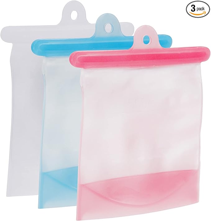 Reusable Silicone Food Storage Bags 3Pcs, Reusable Freezer Bags, Leakproof Reusable Storage Bags for Meats Fruits Veggies-Pink+White+Blue