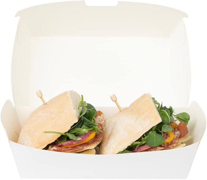 Restaurantware Bio Tek 6.7 x 3.5 x 3.5 Inch Clamshell Food Containers 100 Disposable Sandwich Containers - Hinged Lid Tab-Lock Closure White Paper Hot Dog Containers Recyclable Greaseproof
