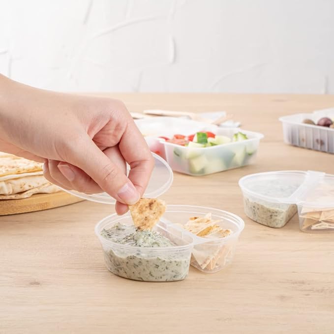 Restaurantware Futura 4 Ounce Snack Containers 100 Microwavable Sauce Containers - 2 Compartments Hinged Lid Clear Plastic Portion Cups For Condiments Or Dips