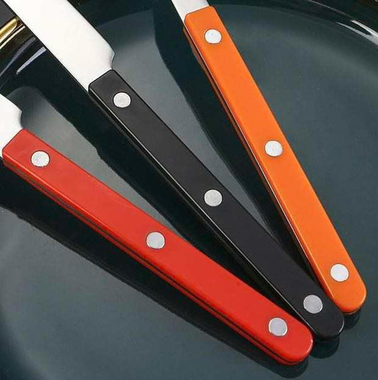 Silverware Set 6 pieces Stainless Steel Cutlery Set Color Handle with Rivet/Retro Style Flatware - Dinner Knife, Dinner Fork, Salad Fork,Soup Spoon,Teaspoon, Spreader (Red), Regular