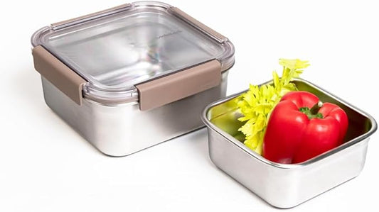 LocknLock Stainless Steel Food Storage Container - Airtight, Leak-proof, Stackable (700ml/1300ml) | Modular Design for Meal Prep, Lunch, Freezer & Dishwasher Safe