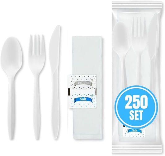250 Pack Individually Wrapped Cutlery Set, Dispobasble Utensils Sets, White - Includes Disposable Cutlery Forks/Spoon/Knife/Napkin/Salt & Pepper - 250 Sets