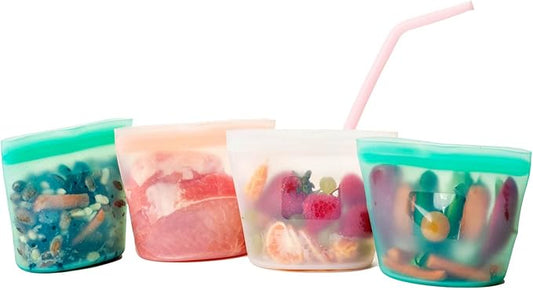 Easy Open 100% Silicone Locking Zipper portion control cups/Baby & Kid Snack Containers 4 – 8oz cups with Complementary silicone straw- 4 set of 8oz. Cups