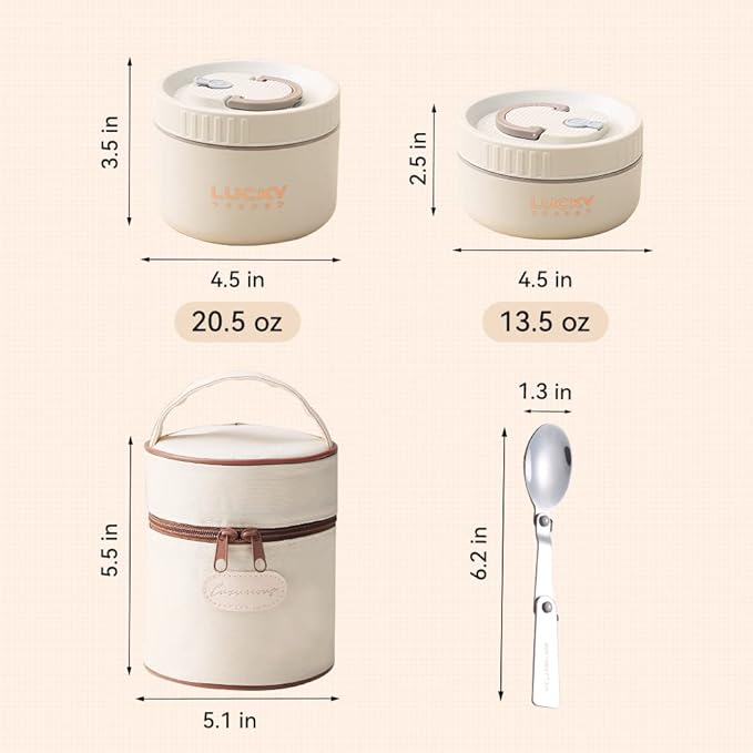 VANDHOME Thermal Bento Lunch Box Set, Portable Insulated Lunch Container For Adults Kids School Work, Stainless Steel Keep Warm Food Container With Bag, Induction Cooker & Microwave Safe (Beige 34oz)