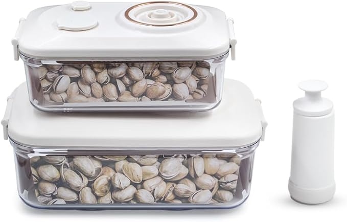 liviware home & kitchen Vacuum Seal Containers - Preserve Freshness with Time Dial, BPA-Free, Microwave-Safe - 2-Piece Set (5.1 Cups + 8.9 Cups Rectangular), White, liv01