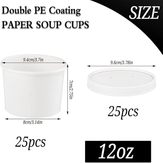 12 oz 25 Pack Paper Soup Bowls with Lids, Disposable Soup Cups, Ice Cream Containers, White Disposable Food Containers White for Hot or Cold Soup