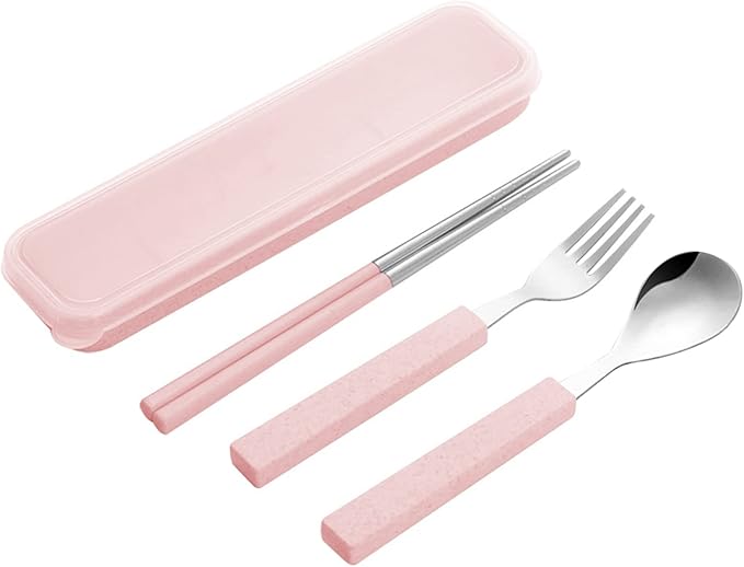 VANRA 3-Piece Children Utensils Set 18/8 Stainless Steel Child Flatware Set Silverware Spoon Fork Chopstick Set with Travel Case for Kids Lunch Box