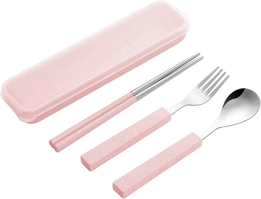 VANRA 3-Piece Children Utensils Set 18/8 Stainless Steel Child Flatware Set Silverware Spoon Fork Chopstick Set with Travel Case for Kids Lunch Box