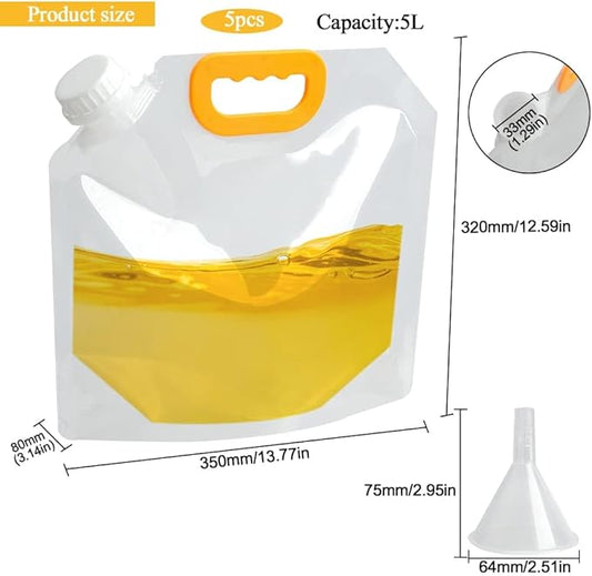 Saim Moisturize Proof Storage Bags, 5Pcs Reusable Plastic Bags Emergency Water Storage Large Capacity Clear Cereal Dry Food Containers Stand Up Grain Sealed Bag with Funnel (5L)