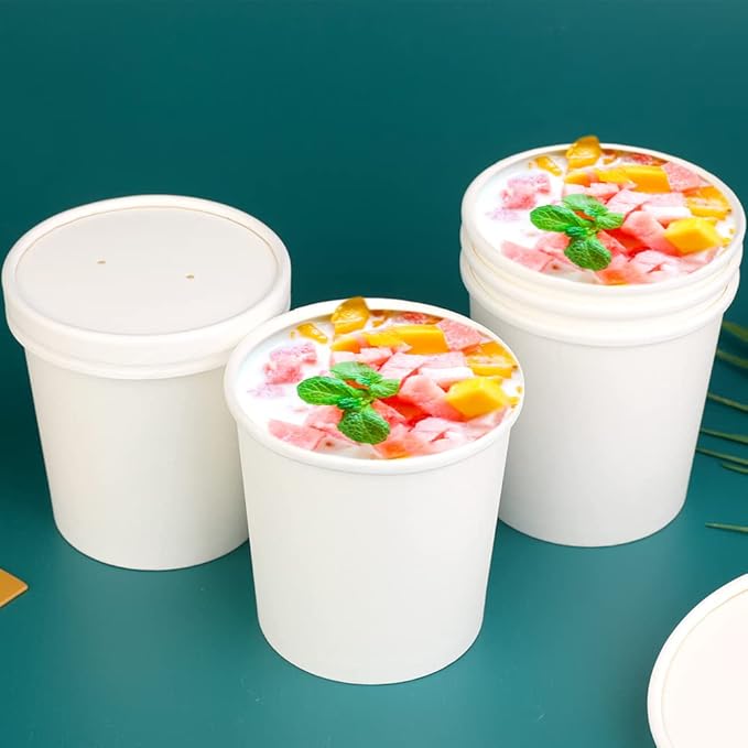 16 oz 25 Pcs Paper Soup Cups with Lids, Disposable Soup Cups, Ice Cream Containers, White Disposable Soup Containers White for Hot or Cold Soup