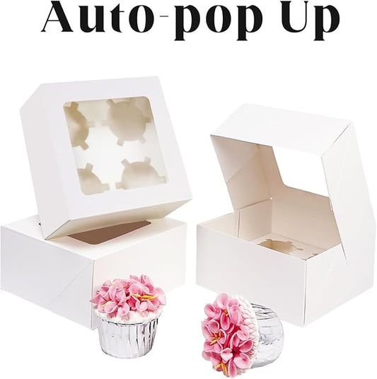 qiqee Auto-pop Up 4 Cupcake Boxes with Window White 30 Packs Cupcake Box 6.3"x6.3"x3" Bakery Boxes For Cupcakes Carrier, Cupcake Containers