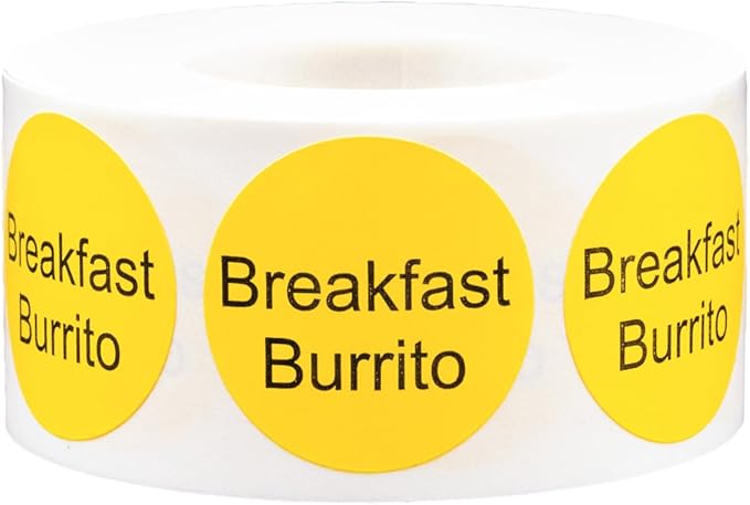 Yellow with Black Breakfast Burrito Circle Dot Adhesive Stickers, 1 Inch Round Labels, 500 Total Stickers