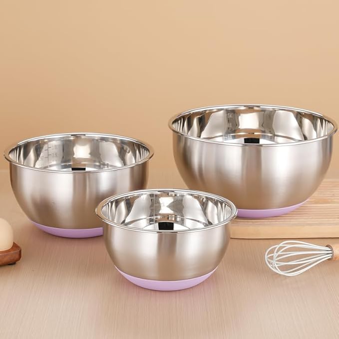 Mixing Bowl Stainless Steel with Nonslip Silicone Bottom Metal Kitchen Bowl Baking Cooking Salad Dishwasher Safe, 3.5QT