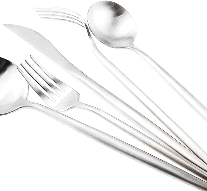 Silver Flatware, Royal 5 Piece Luxury Matte Finish 18/10 Stainless Steel Tableware Sets for 1 Including Forks Spoons Knives, Camping Silverware Travel Utensils Set Cutlery (Silver)