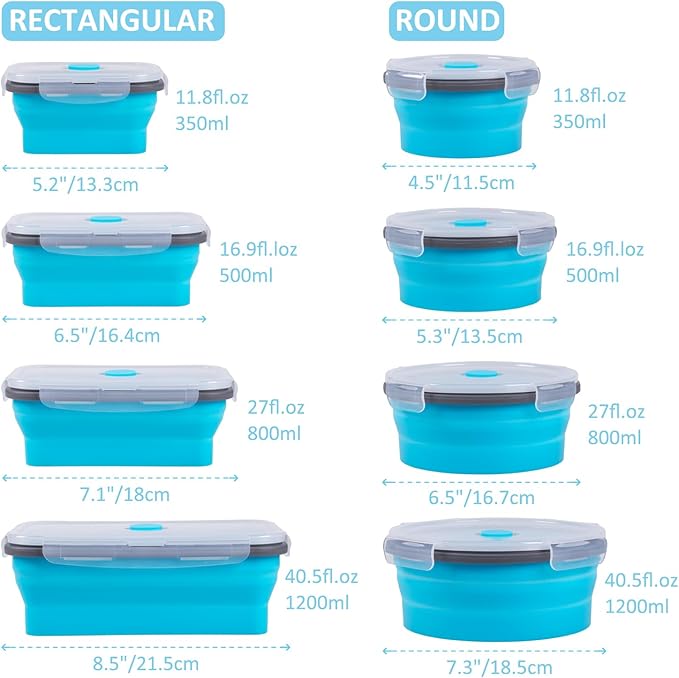 Bundle of 8 Pack Collapsible Food Storage Containers with Lid Blue + 3 Pack Silicone Freezer Trays with Lids Aqua