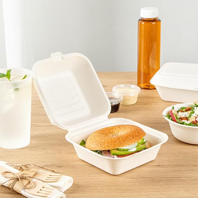 Restaurantware Pulp Safe No PFAS Added 15 Ounce Clamshell Boxes 100 Disposable Containers - Home Compostable Microwavable And Freezable White Bagasse Containers With Built-In Hinged Lid