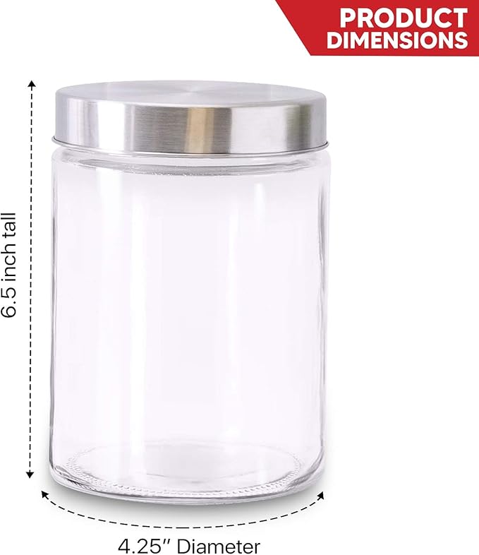 Glass Jars for Kitchen – Set of 3 Medium Food Storage Containers – 42Oz Storage Jars with Metallic Lids – Suitable for Snacks, Coffee, Pet Treats – Screw-On Lid