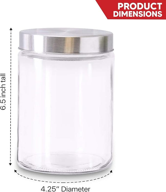 Glass Jars for Kitchen – Set of 3 Medium Food Storage Containers – 42Oz Storage Jars with Metallic Lids – Suitable for Snacks, Coffee, Pet Treats – Screw-On Lid