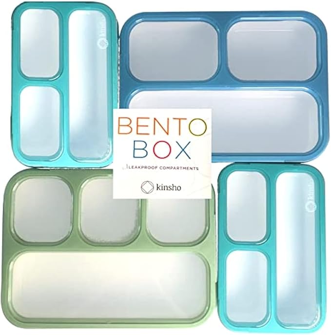 kinsho Leakproof Bento Lunch and Snack Boxes. Family Pack of 4 Meal Planning Portion Containers For Women, Adults. BPA Free. Utensils, Blue & Green (2 large + 2 Mini Lunch box)