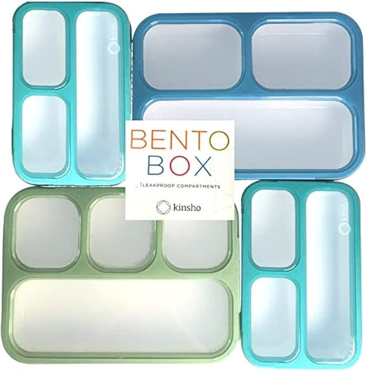 kinsho Leakproof Bento Lunch and Snack Boxes. Family Pack of 4 Meal Planning Portion Containers For Women, Adults. BPA Free. Utensils, Blue & Green (2 large + 2 Mini Lunch box)