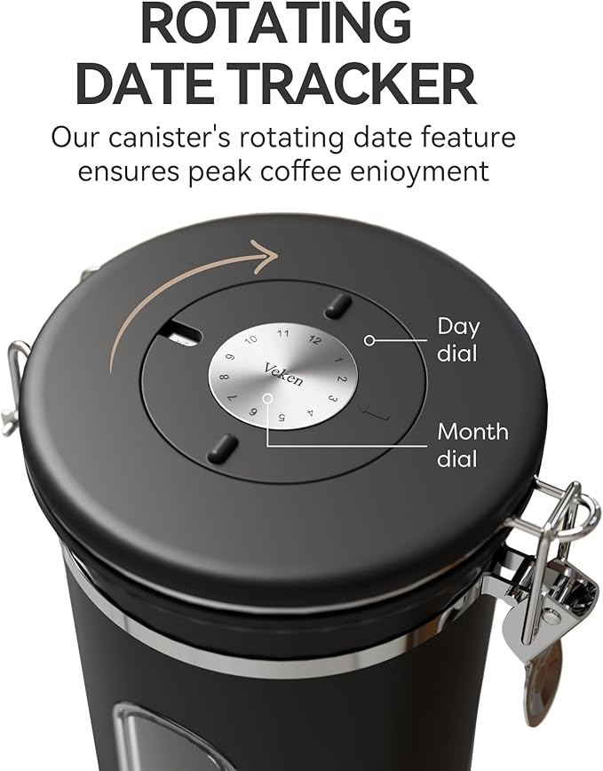 Veken 38oz Large Coffee Canister with Window, Airtight Stainless Steel, Kitchen Food Storage Container with Lids, Date Tracker and Scoop, Grounds Coffee Beans, Tea, Flour, Cereal, Sugar Jars, Black