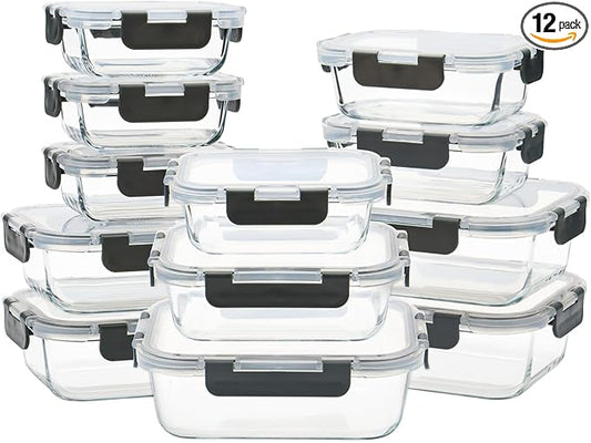 12 Pack Glass Food Storage Containers, Glass Storage Containers with Lids for Meal Prep, Lunch, Airtight, Freezer to Microwave Safe (12 Lids & 12 Containers)