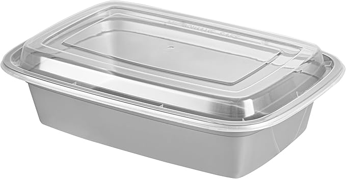 Restaurantware Asporto 38 Ounce Take Out Containers, 100 Food Containers With Lids - Microwavable, Disposable, Silver Plastic To Go Food Containers, No BPA, For Take Out And Delivery