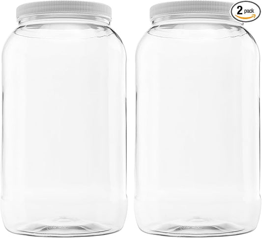 2 Pack of 128 Ounce Plastic Gallon Jars with 110/400 Leak Proof Seal Lid - Food Grade and BPA Free (128oz, 2pk)
