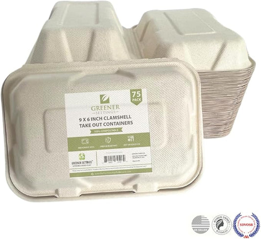 Compostable Clamshell Food Containers 9x6 Inch, 75-Pack, Heavy-Duty Bagasse Takeout Boxes, Microwave & Freezer Safe, Grease-Resistant, Leak-Proof – Compatible with Food Trucks, Catering, Events