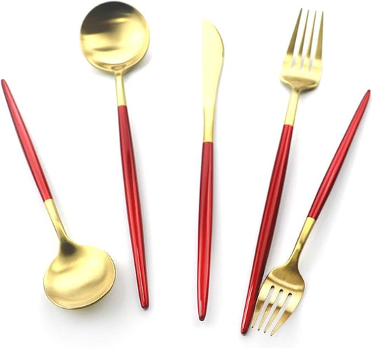 20 Pieces Matte Gold Red Handle 18/10 Stainless Steel Silverware, Flatware Titanium Black Cutlery, Utensils for Home Restaurant Service for 4, Dishwasher Safe (Red Gold)