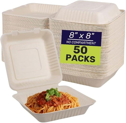 50 Packs Disposable 8x8 Clamshell Take-Out Container Compostable Biodegradable Bagasse & Eco-friendly To Go Container for Food