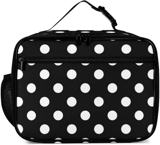 Polka Dot Black Reusable Lunch Box Insulated Lunch Bag Cooler Bag Lunchbox Meal Food Container Tote Bag for Women Kids Girls School Camping Hiking Picnic Beach Travel