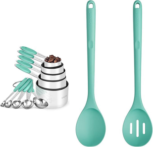 U-Taste 18/8 Stainless Steel Measuring Cups and Spoons Set (Set of 10, Aqua Sky), and 600℉ Heat Proof Long Non-Scratch Silicone Solid & Slotted Cooking Spoon for Mixing & Serving (Set of 2, Aqua Sk