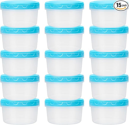 8 Oz Plastic Containers with Lids, 15 Pack 1-Cup Reusable Small Freezer Storage Containers with Screw Top for Food Snack Portion Control Meal Prep, Ultra Thick, Microwave Freezer Dishwasher Safe, Blue