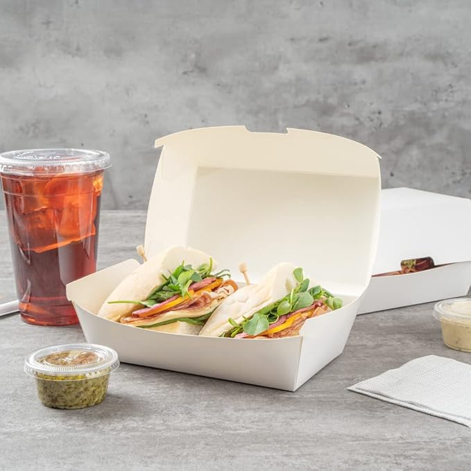 Restaurantware Bio Tek 6.7 x 3.5 x 3.5 Inch Clamshell Food Containers 100 Disposable Sandwich Containers - Hinged Lid Tab-Lock Closure White Paper Hot Dog Containers Recyclable Greaseproof