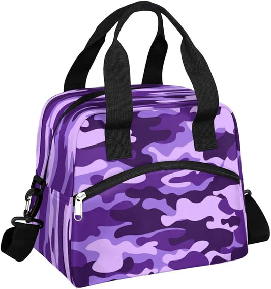 Purple Camouflage Insulated Lunch Bag for Women Men Reusable Lunch Box Cooler Bag Large Leakproof Lunch Tote with Adjustable Shoulder Strap for Adult Work Picnic Camping Beach Office