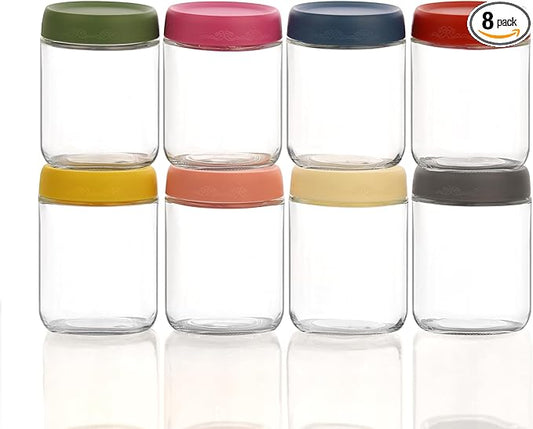 16 OZ Glass Food Jar Storage Containers with Airtight Lids, Reusable Wide Mouth Overnight Oats Glass Mason Jars for Snacks Yogurt Pudding(Multicolor 8pack)