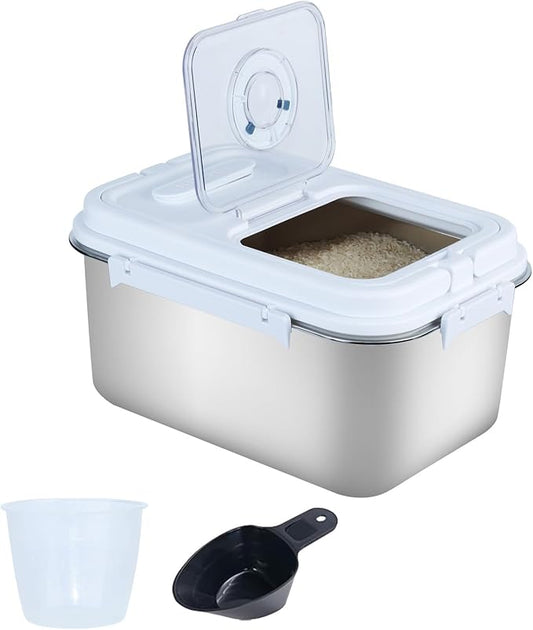 PENCK 20lbs Airtight Rice Storage Container Stainless Steel Flour Sugar Dispenser Food Box Holder Grain Cereal Bin with Measuring Cup for Kitchen Pantry Countertop, Silver