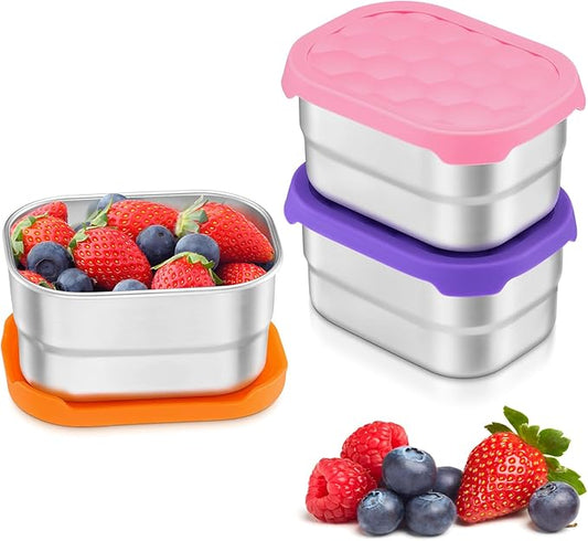 Leonyo 18/10 Stainless Steel Snack Containers for Kids, 8oz Food Container with Silicone Lid Easy Open Leak Proof, Metal Toddler Lunch Box for Daycare School, Healthy & Lightweight, Multi-color&3Pcs
